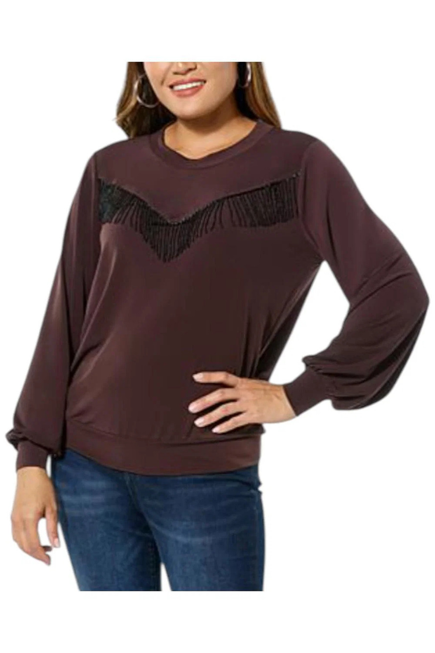 Colleen Lopez Women's Knit Top with Fringe Chocolate Plum - Plus